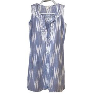 Moon & Meadow Embroidered Blue Ikat Print Boho Shift Dress Anthropologie XS